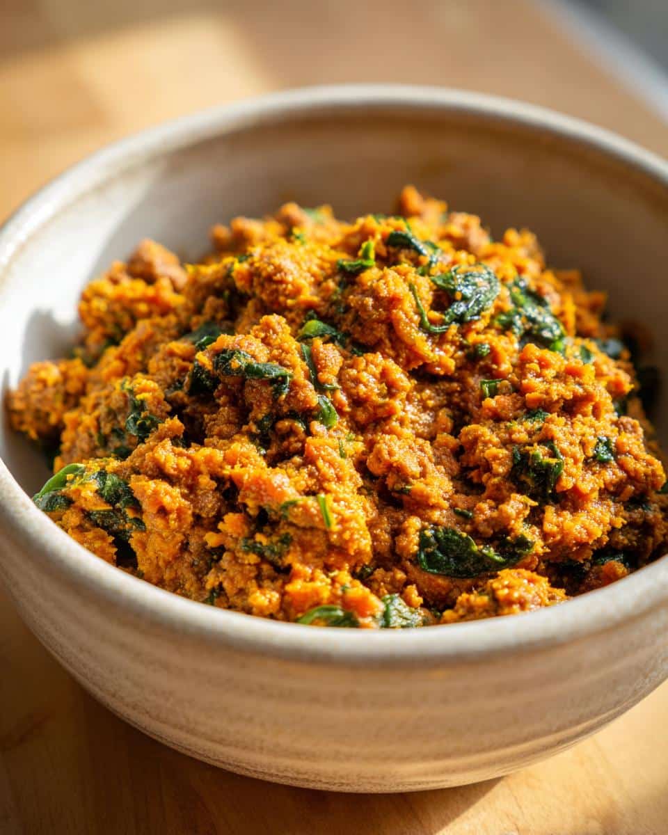 Close-up of a hearty Beef Pumpkin Grain-Free Dog Bowl mixture with visible ground beef and spinach.