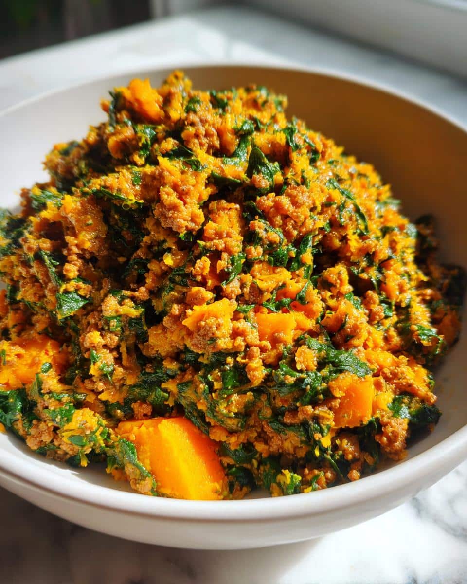 Close-up of the Beef Pumpkin Grain-Free Dog Bowl mixture showing ground beef, bright orange pumpkin chunks, and dark green leafy vegetables.