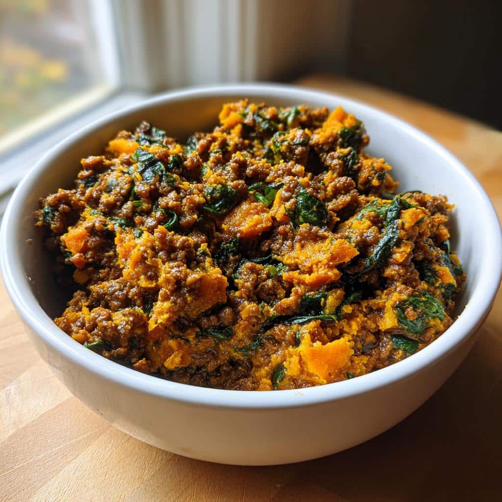 Close-up of a white bowl filled with Beef Pumpkin Grain-Free Dog Bowl mixture, showing ground beef, orange pumpkin chunks, and green spinach.