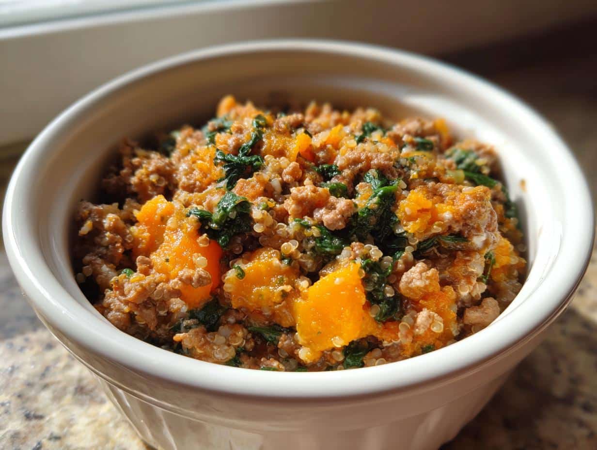 Close-up of a white bowl filled with Beef Pumpkin Grain-Free Dog Bowl mix: ground beef, orange pumpkin chunks, quinoa, and green spinach.