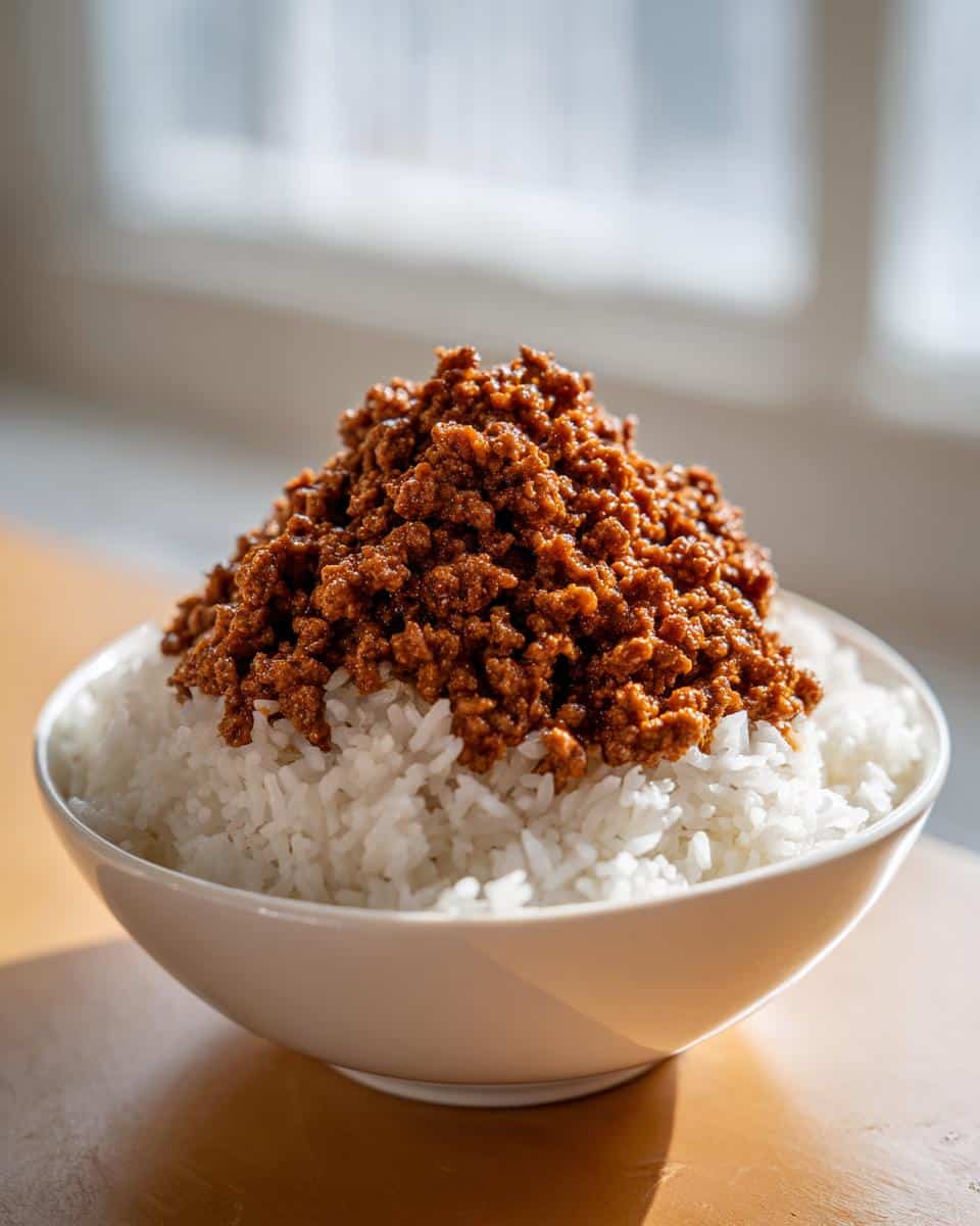 A white bowl filled with white rice topped high with seasoned ground beef for a Beef Rice Routine Dog Meal.