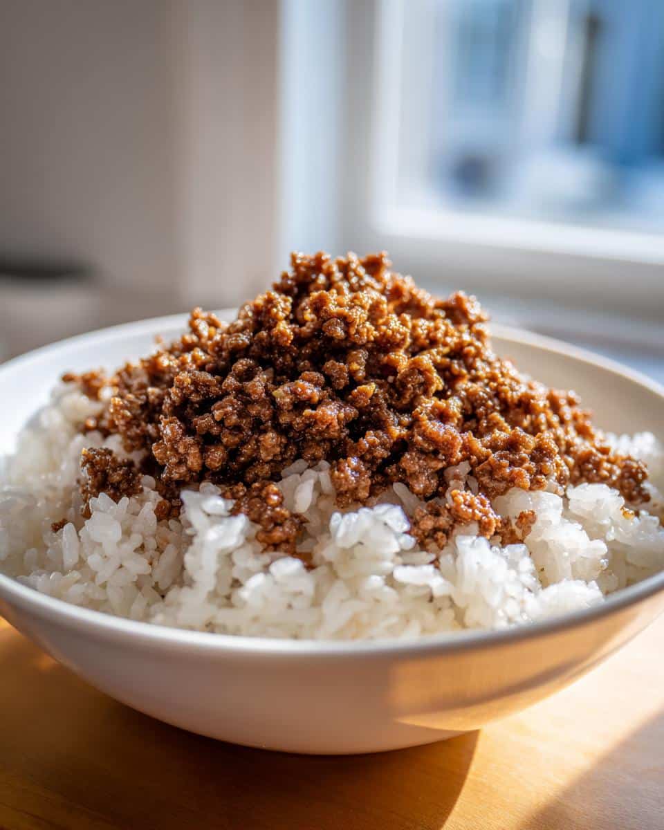 Close-up of a white bowl filled with white rice topped generously with seasoned ground beef for a Beef Rice Routine Dog Meal.