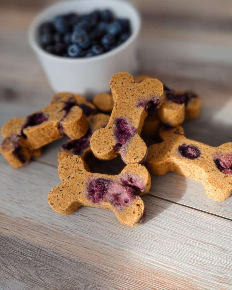 Close-up of bone-shaped Berry Swirl Festive Dog Cookies with visible purple berry swirls on a wooden surface.