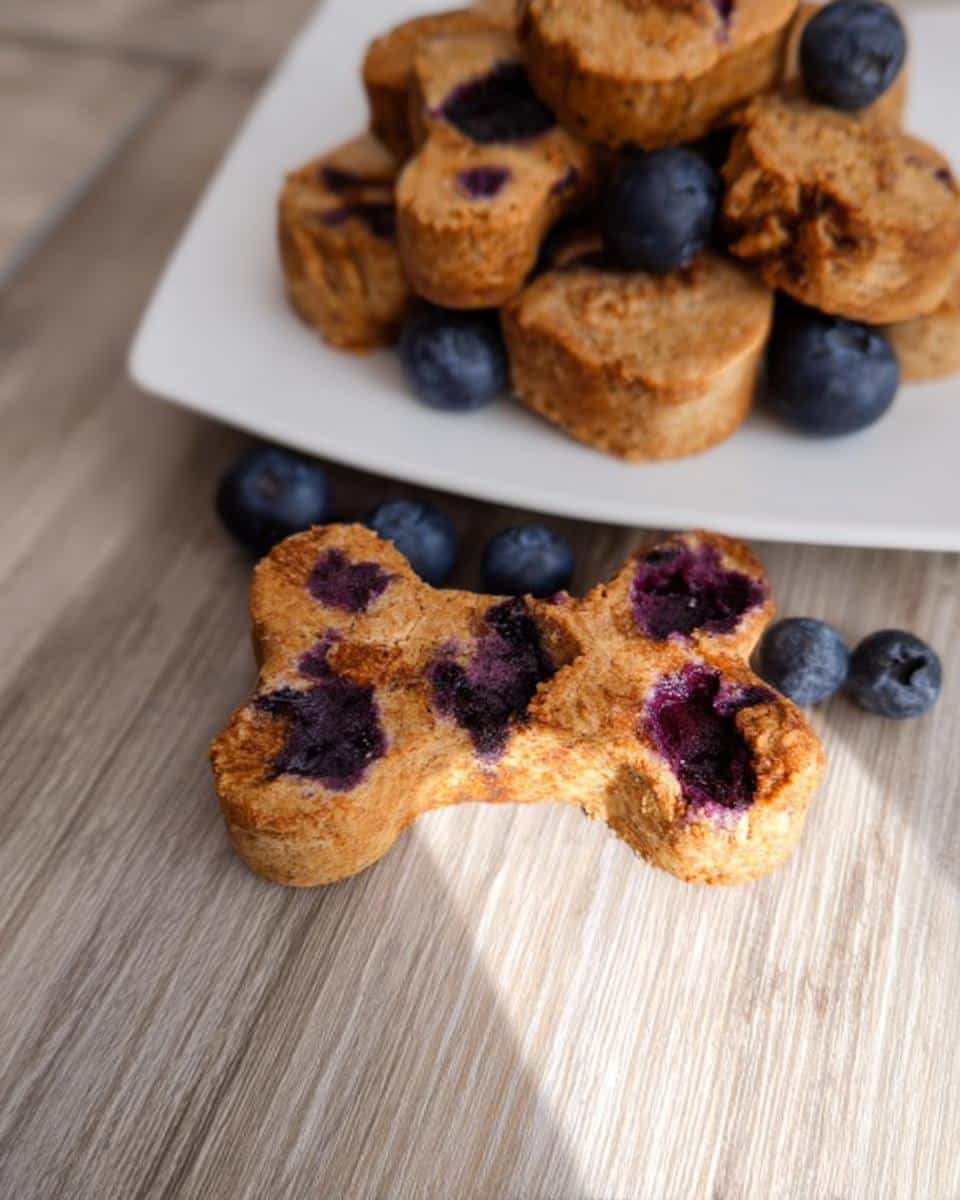 A close-up of a bone-shaped Berry Swirl Dog Cookie with visible blueberries, set on a wooden surface.