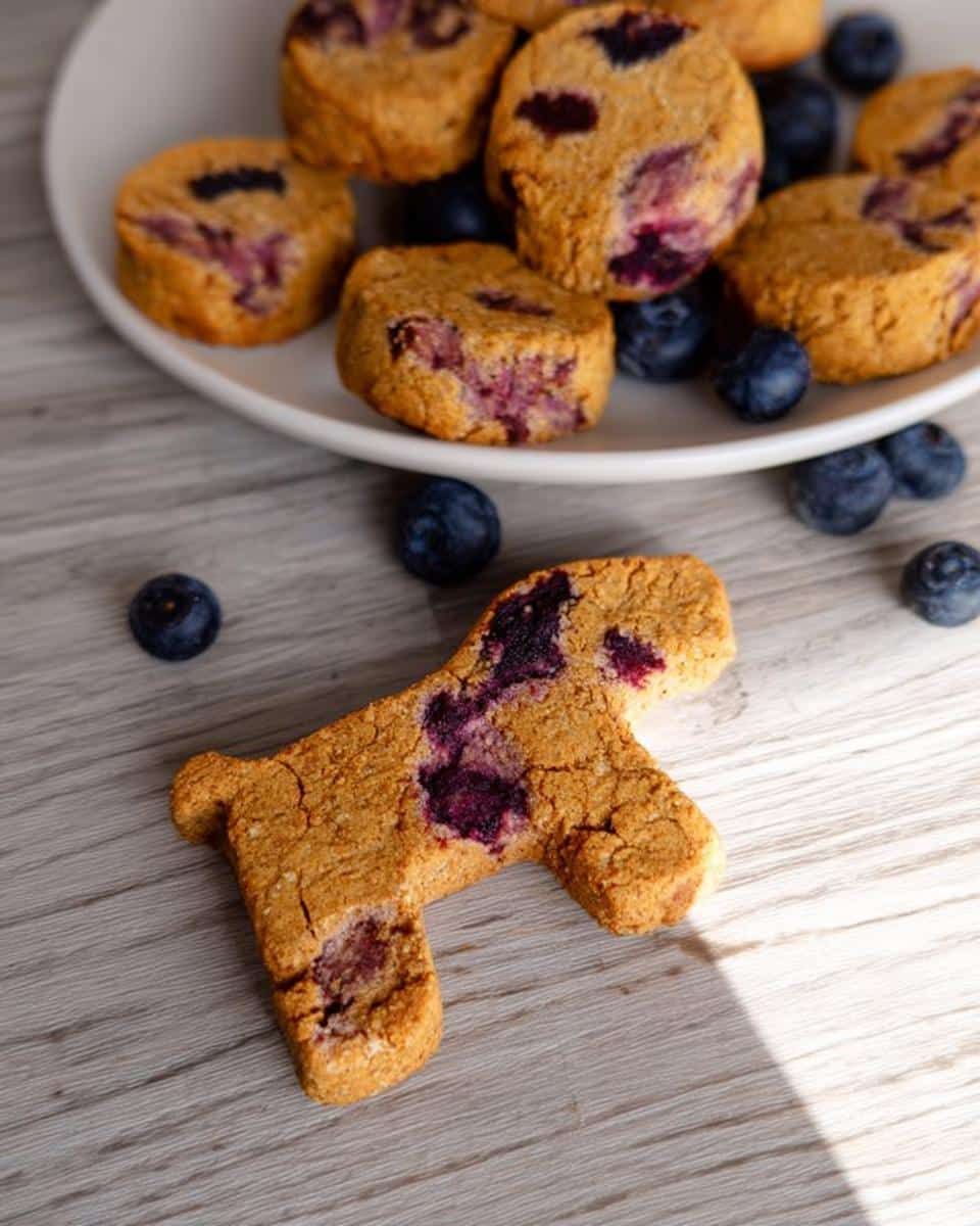 A dog-shaped Berry Swirl Festive Dog Cookie with visible blueberry swirls on a light wooden surface.