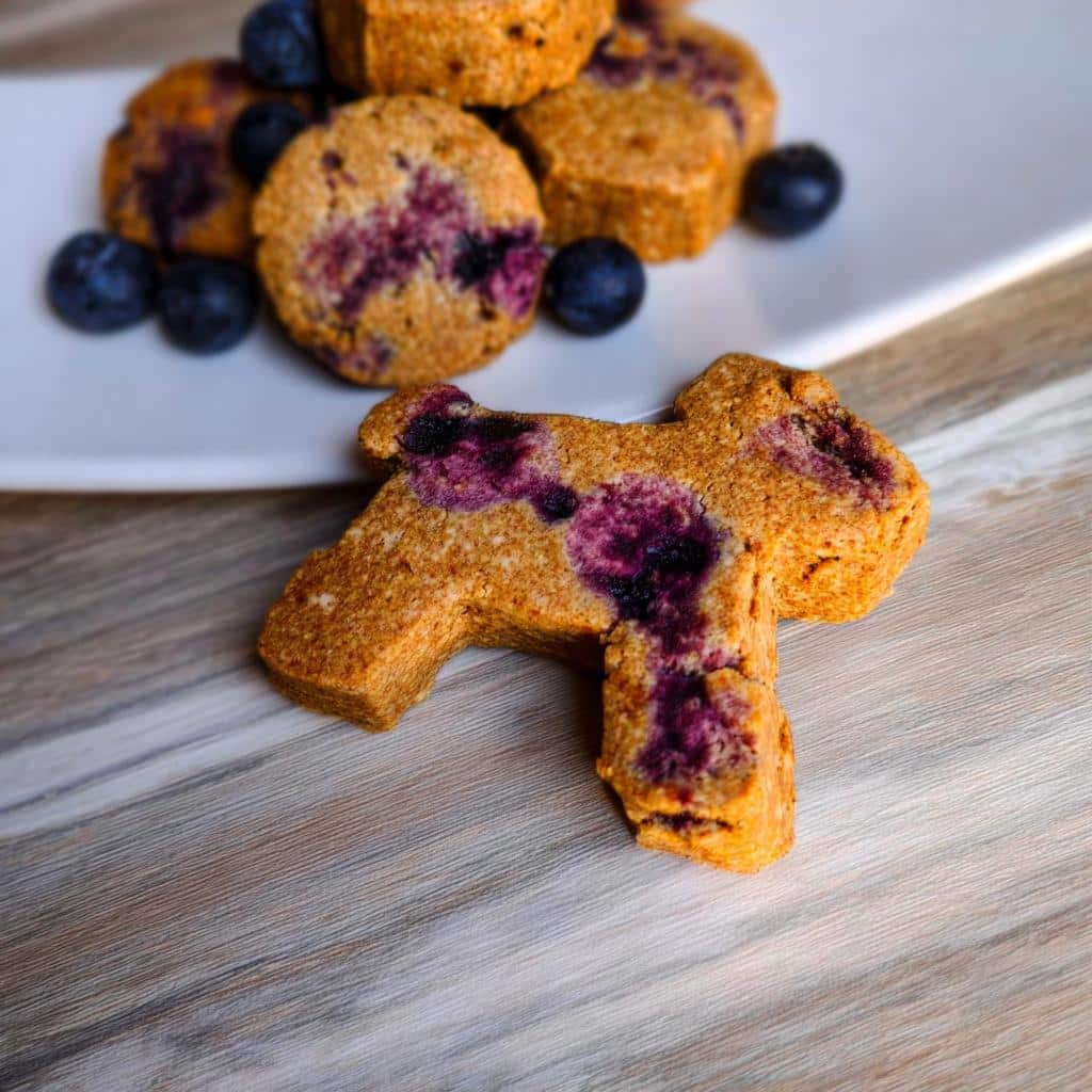 A close-up of a Berry Swirl Festive Dog Cookie shaped like a dog, featuring visible purple blueberry swirls.