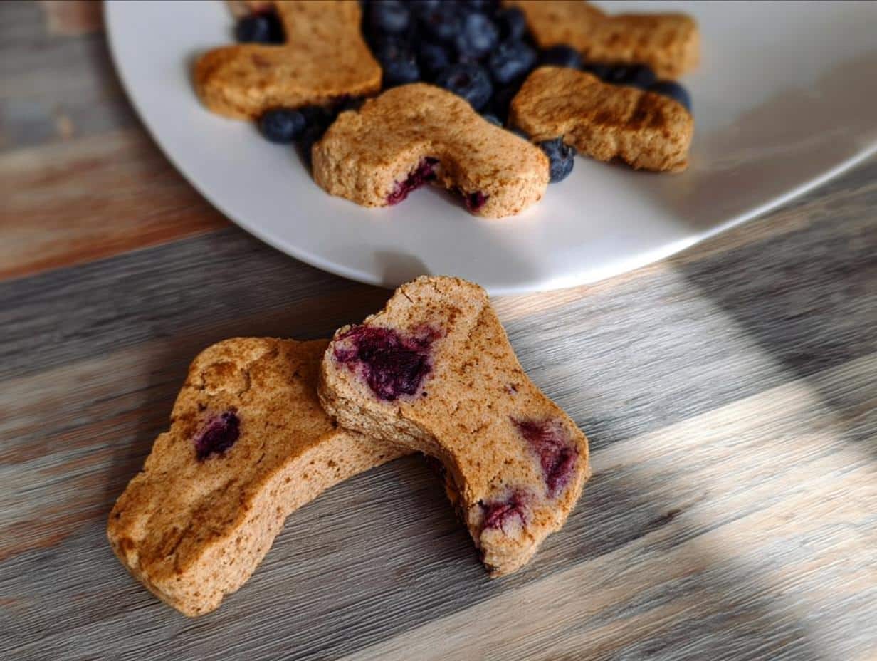 Two Berry Swirl Festive Dog Cookies showing the purple berry filling on a wooden surface.