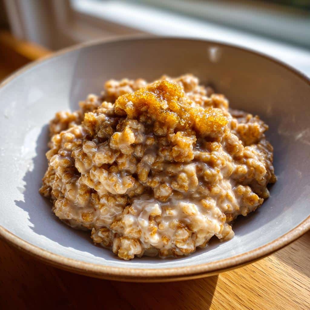A close-up of creamy Buckwheat Banana Pup Breakfast topped with brown sugar in a light gray bowl.