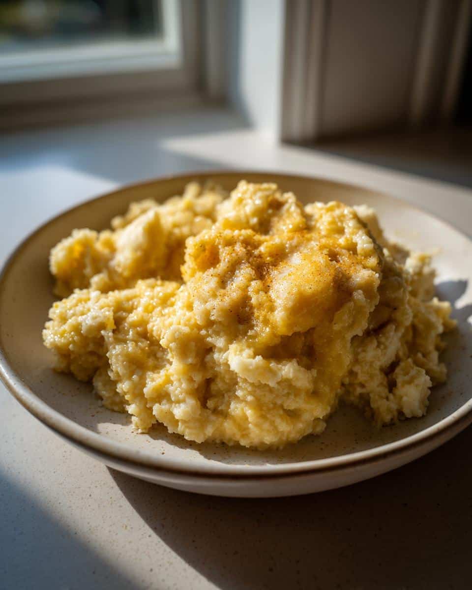 A bowl of creamy, yellow Buckwheat Banana Pup Breakfast porridge topped with a drizzle of syrup or butter and cinnamon.