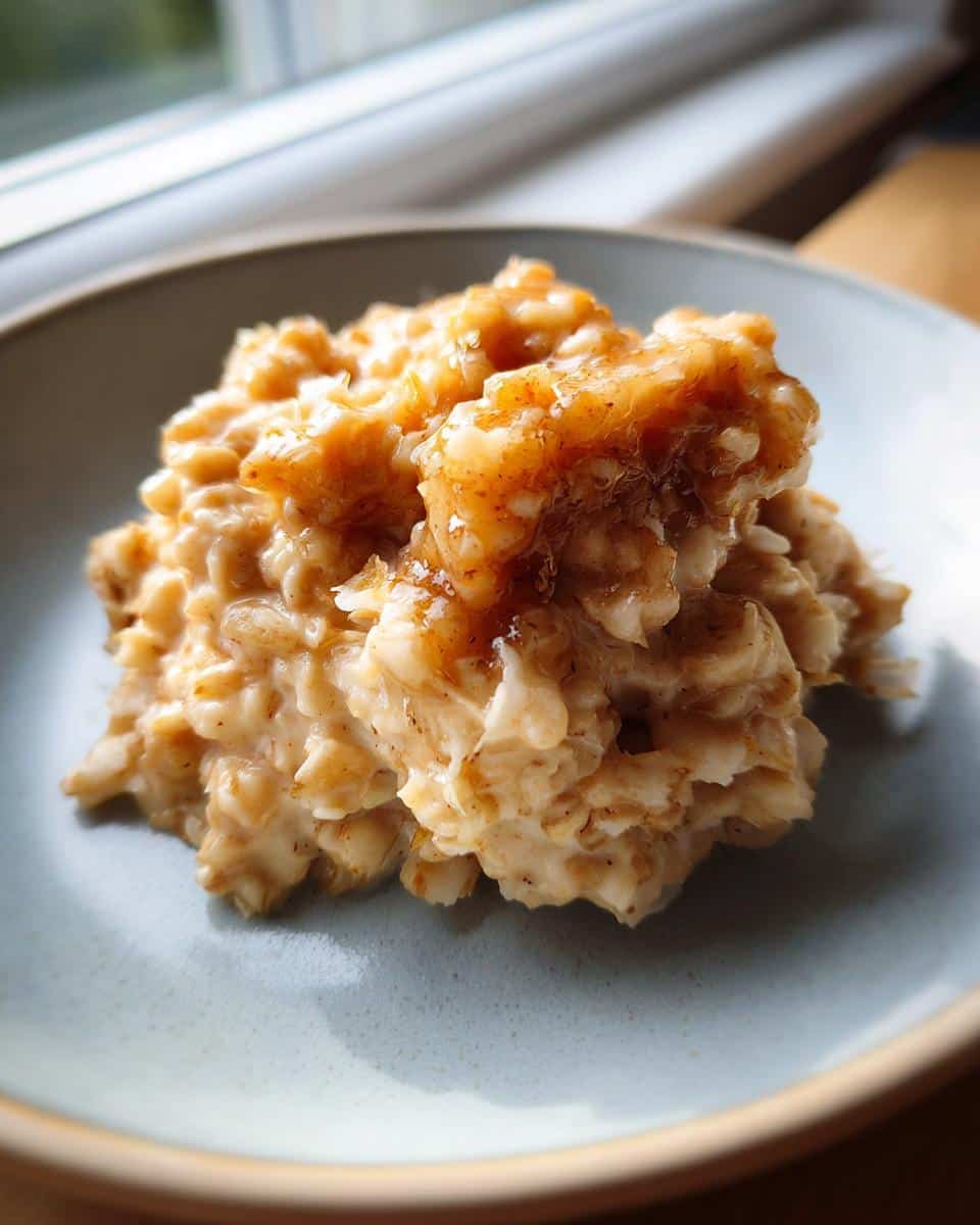 Close-up of a serving of creamy Buckwheat Banana Pup Breakfast topped with a sweet glaze.