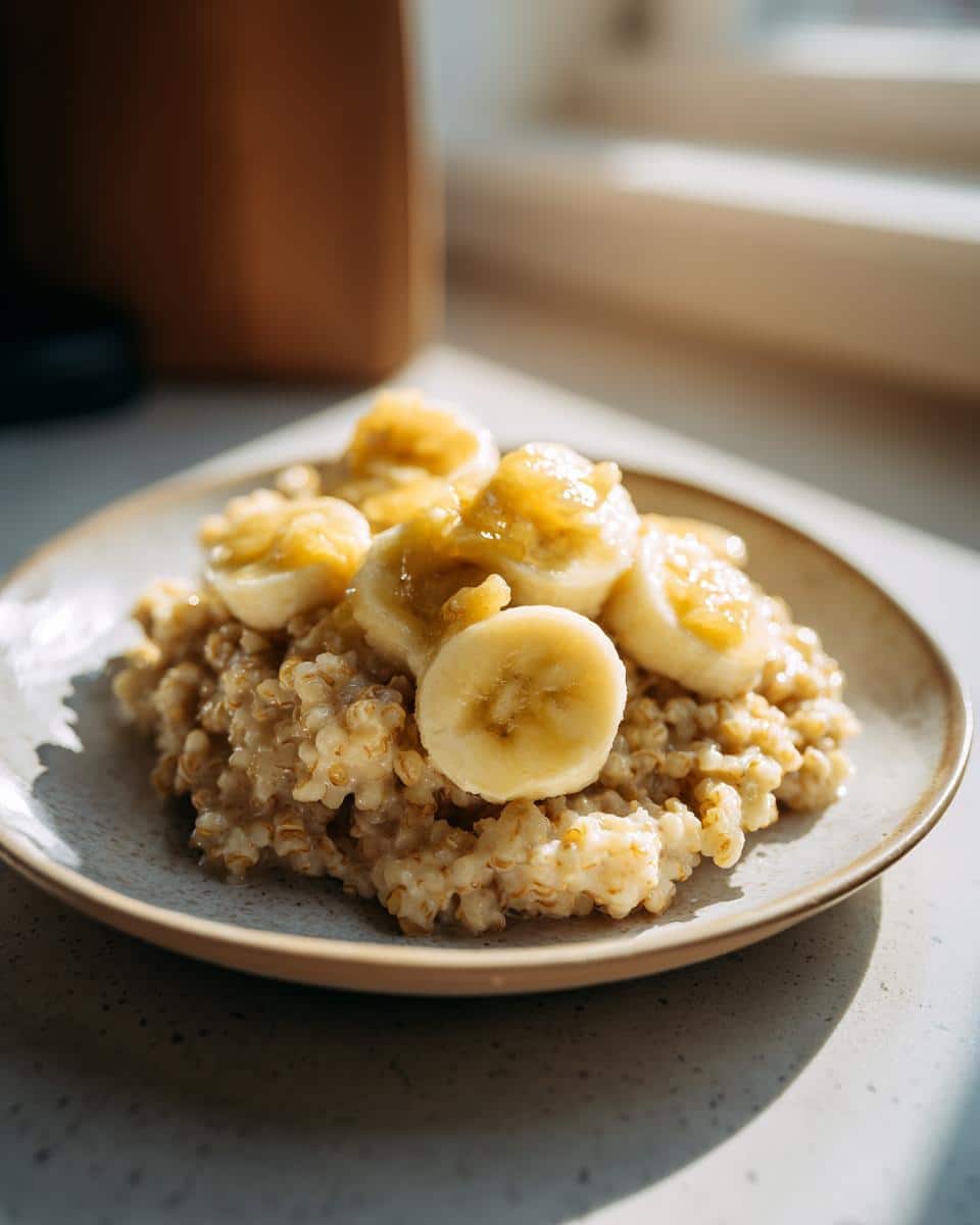 A warm bowl of Buckwheat Banana Pup Breakfast topped with sliced bananas and a sweet glaze.