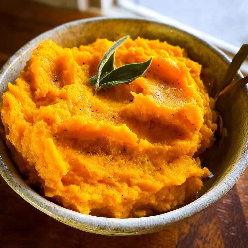 Close-up of vibrant orange Butternut Holiday Dog Mash topped with a fresh sage leaf and black pepper.