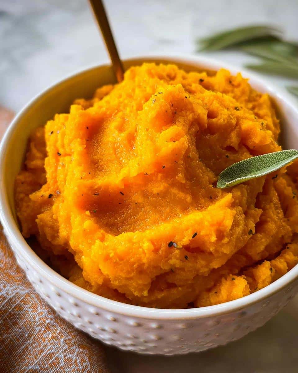 A close-up of vibrant orange Butternut Holiday Dog Mash, seasoned and garnished with a fresh sage leaf.