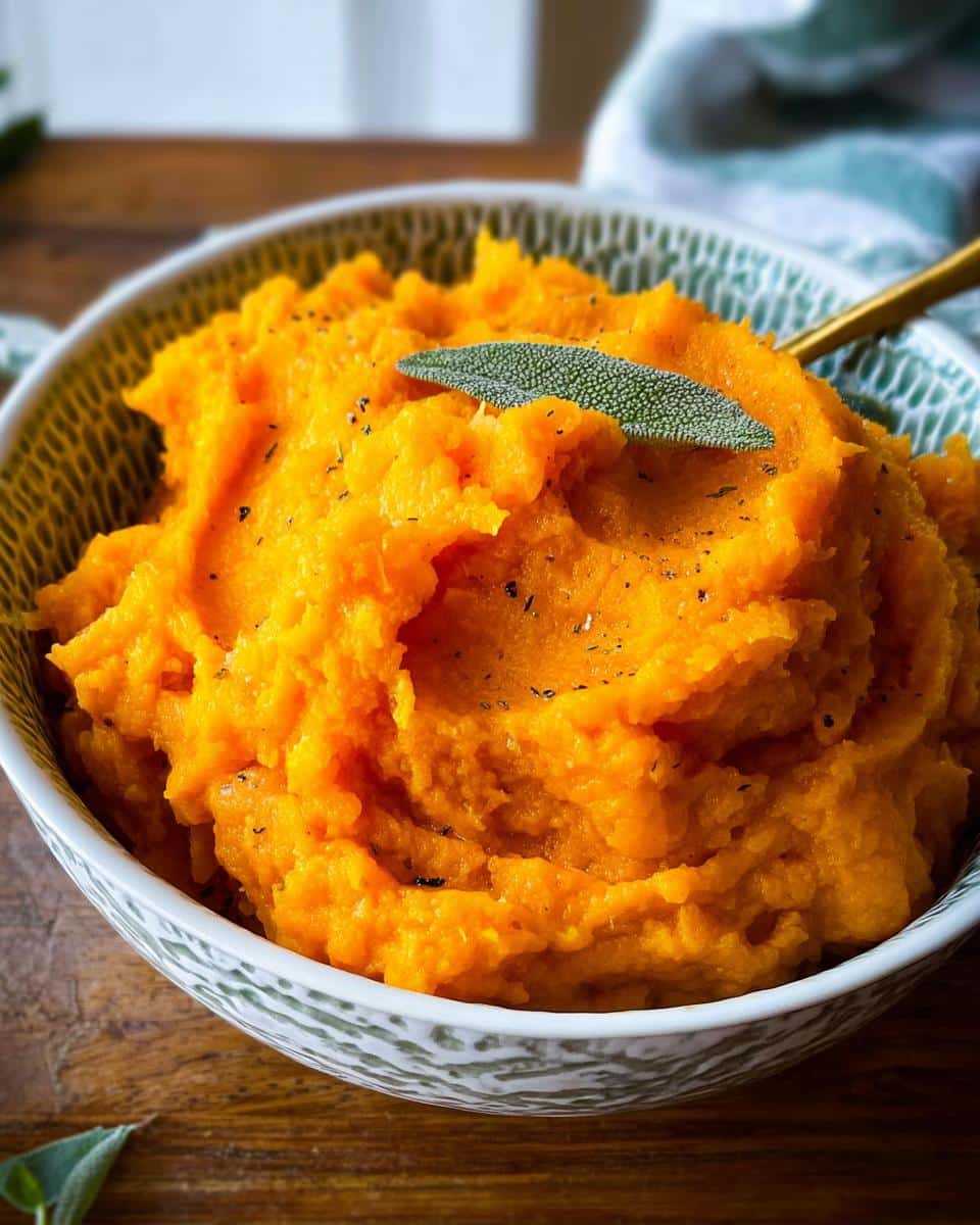 Close-up of vibrant orange Butternut Holiday Dog Mash topped with a fresh sage leaf.