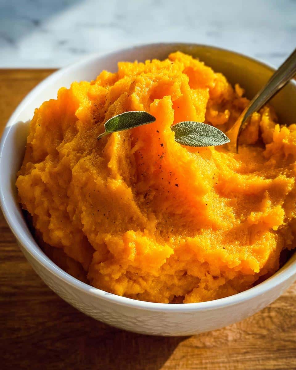 Close-up of fluffy, bright orange Butternut Holiday Dog Mash topped with two fresh sage leaves.