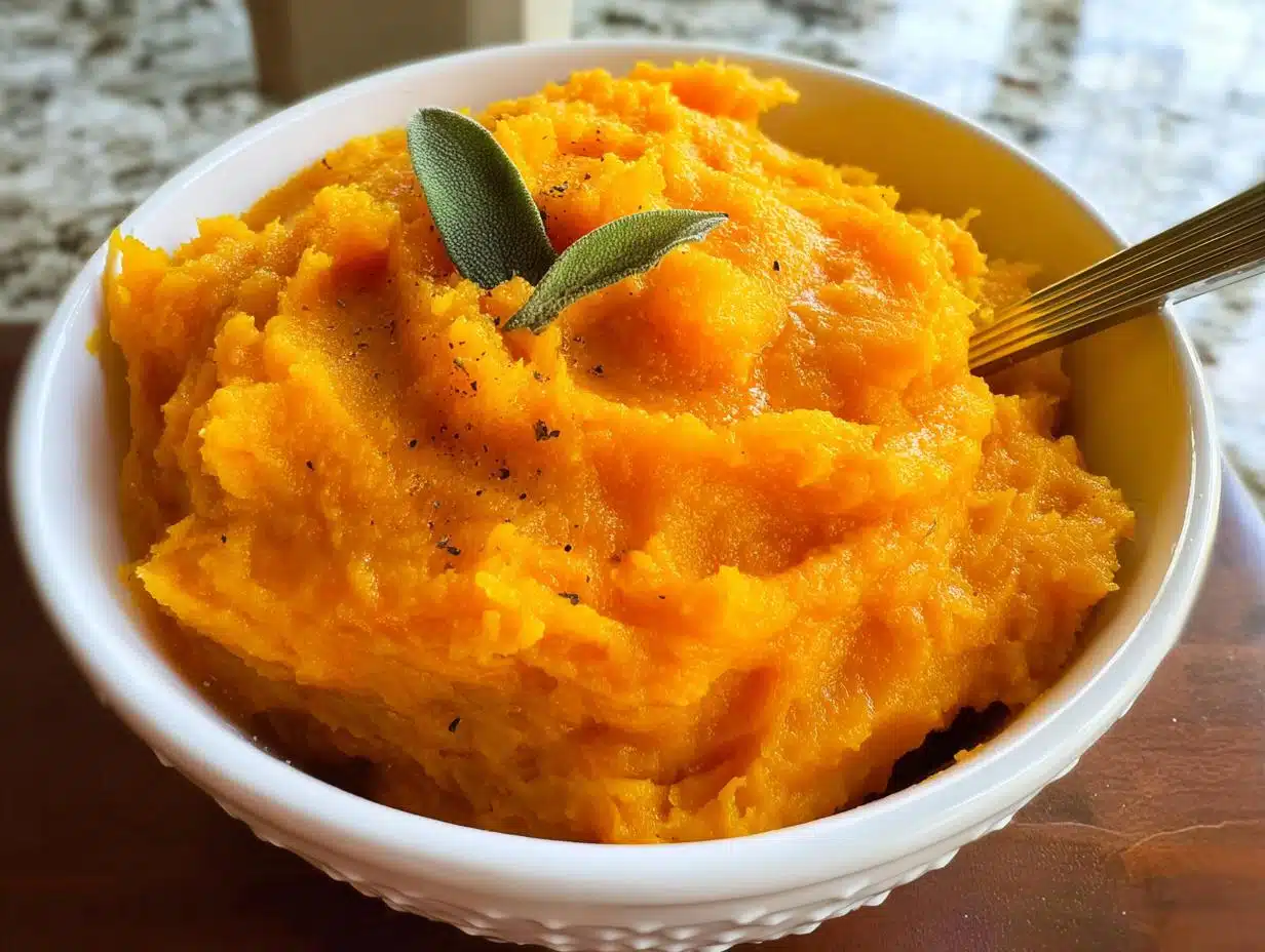 Bright orange Butternut Holiday Dog Mash topped with fresh sage leaves and black pepper in a white bowl.