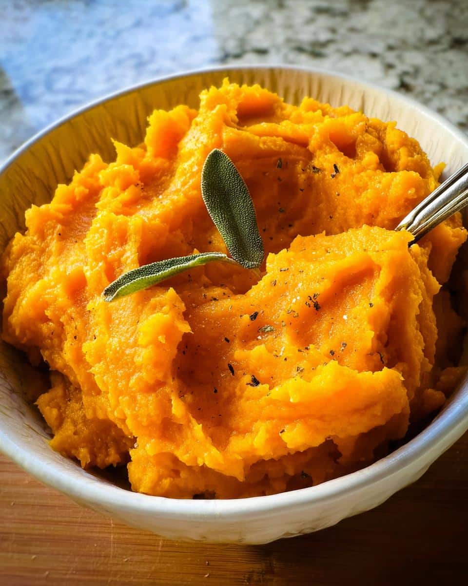 Close-up of vibrant orange Butternut Holiday Dog Mash garnished with fresh sage leaves.
