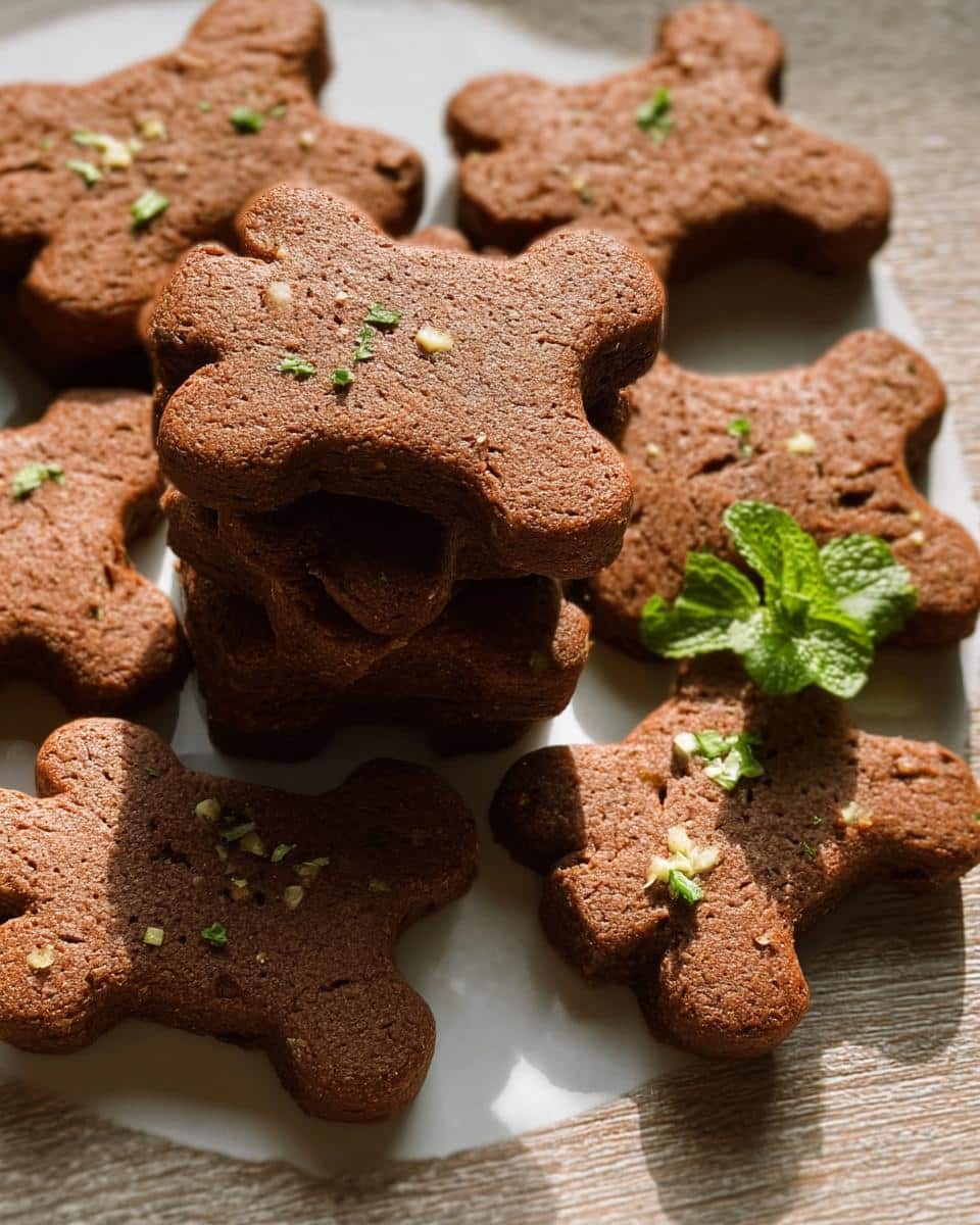 A close-up of several bone-shaped Carob Mint Dog Tree Cookies, stacked and scattered on a white surface, garnished with mint.