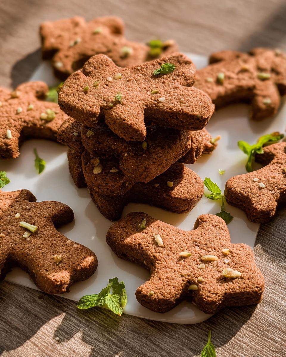 A stack and arrangement of brown, tree-shaped Carob Mint Dog Tree Cookies garnished with mint leaves.