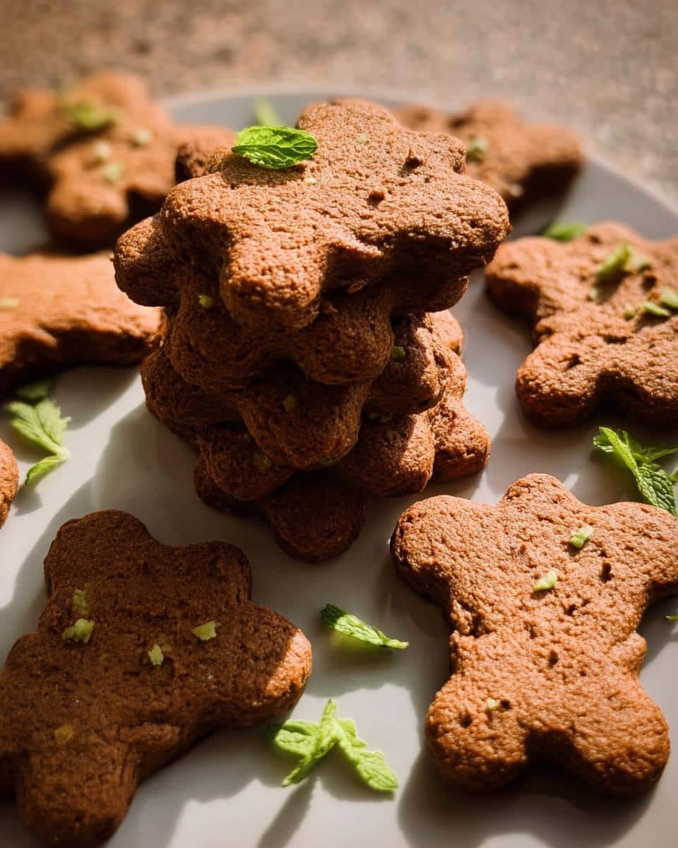 A stack and scattering of brown, star-shaped Carob Mint Dog Tree Cookies garnished with fresh mint leaves.