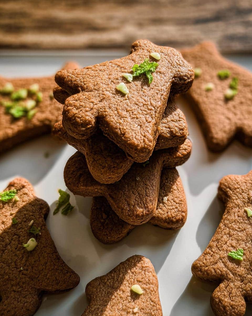 A stack of brown, tree-shaped Carob Mint Dog Tree Cookies garnished with small green mint pieces.