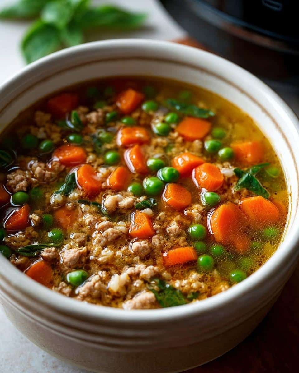 Close-up of a hearty Carrot Pea Cozy Dog Broth Bowl with ground meat, bright orange carrots, and green peas in a light-colored bowl.