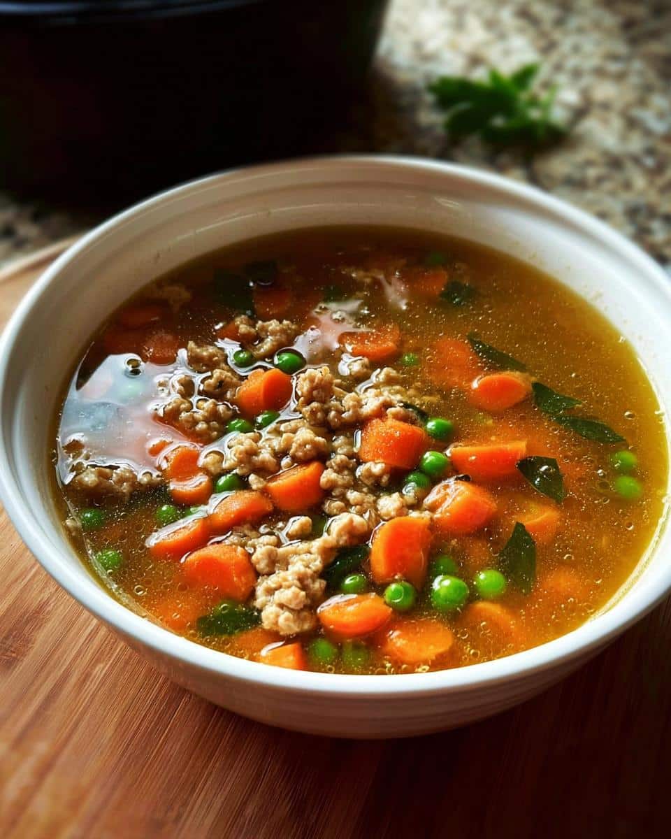A close-up of the Carrot Pea Cozy Dog Broth Bowl featuring ground meat, bright orange carrots, and green peas in a rich broth.