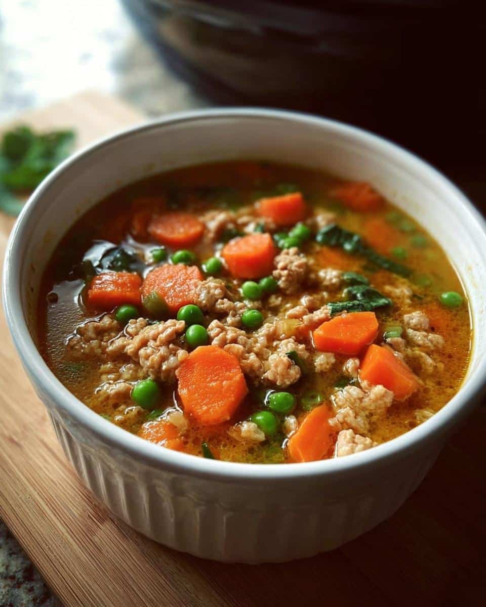 Close-up of a white bowl filled with Carrot Pea Cozy Dog Broth Bowl, showing ground meat, bright orange carrots, and green peas in a rich broth.