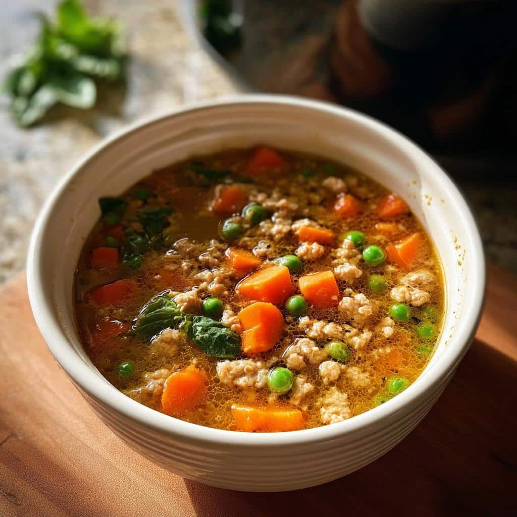 A close-up of a white bowl filled with Carrot Pea Cozy Dog Broth Bowl, featuring ground meat, bright orange carrots, and green peas in a savory broth.