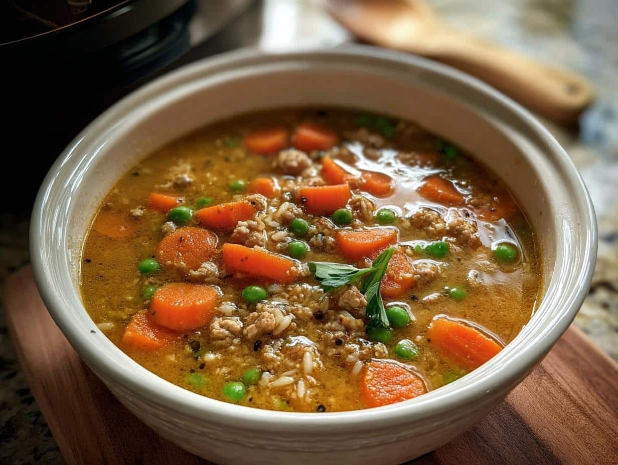 Close-up of a white bowl filled with Carrot Pea Cozy Dog Broth Bowl, featuring ground meat, bright orange carrots, and green peas.