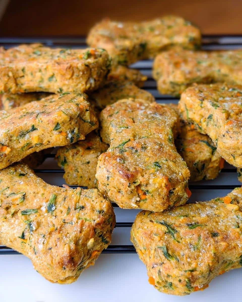 Close-up of freshly baked Carrot Zucchini Light Pup Dish treats shaped like bones cooling on a wire rack.