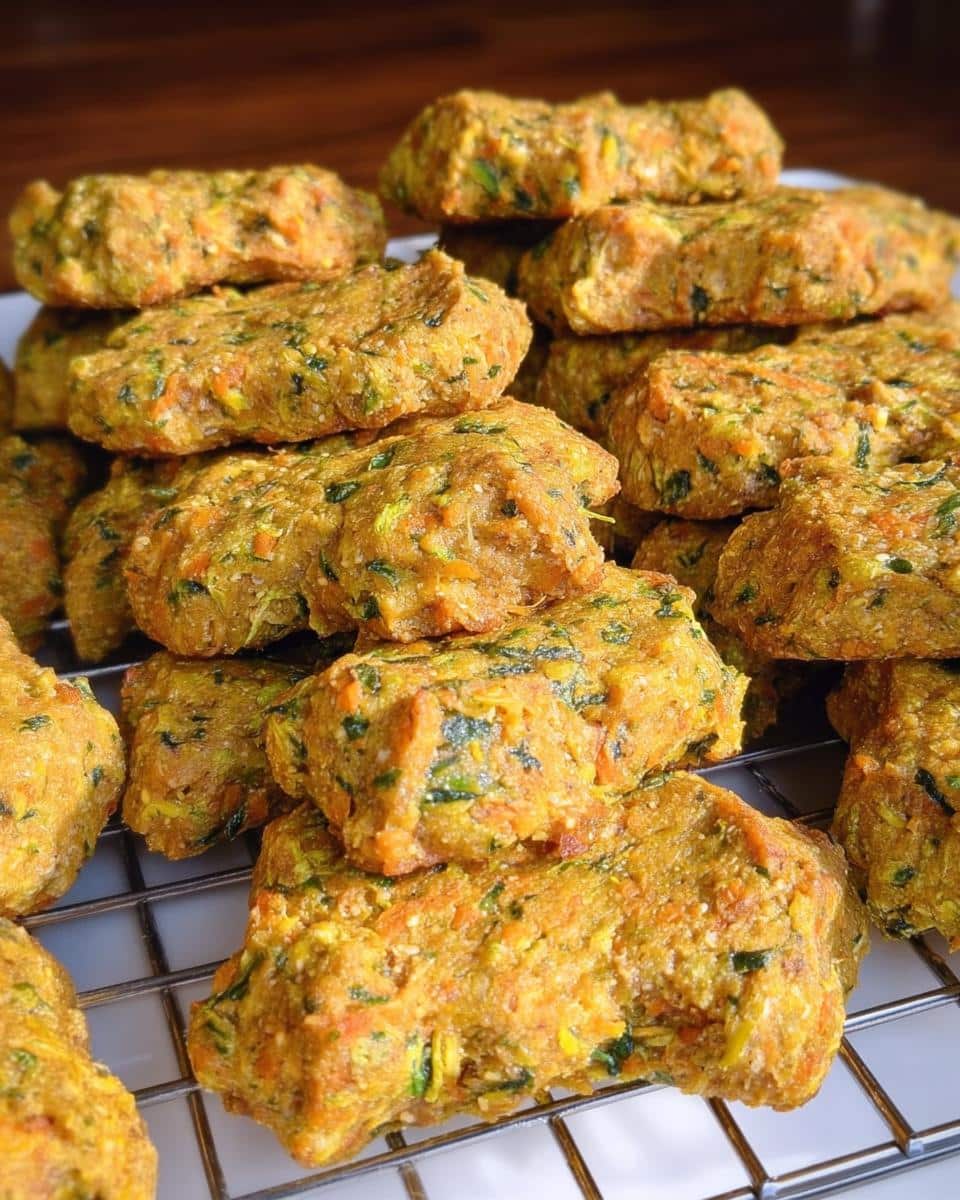 A large stack of freshly baked Carrot Zucchini Light Pup Dish treats cooling on a wire rack.