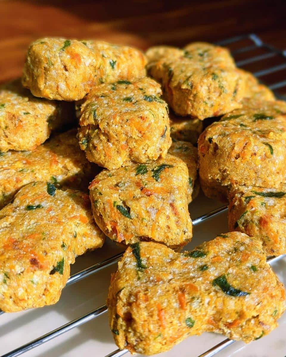 Close-up of several homemade Carrot Zucchini Light Pup Dish treats stacked on a wire cooling rack.