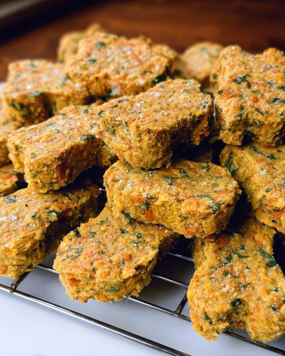 A pile of homemade Carrot Zucchini Light Pup Dish treats, shaped like small bones or stars, resting on a metal cooling rack.