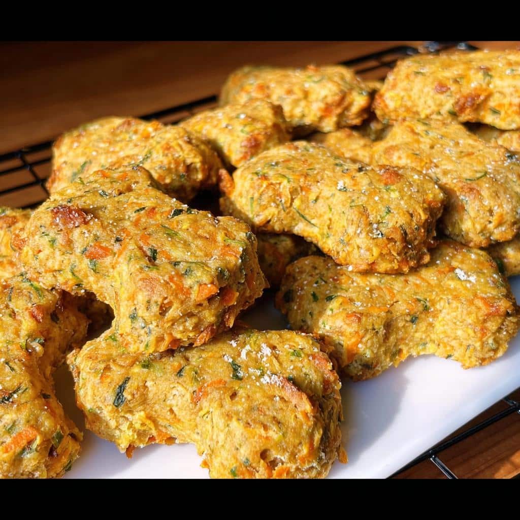A pile of freshly baked Carrot Zucchini Light Pup Dish treats on a white plate.
