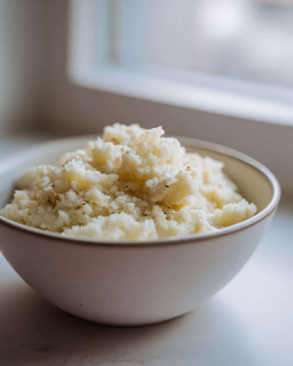 Close-up of a small white bowl filled with fluffy, seasoned cauliflower rice for the Chicken Cauliflower Rice Pup Meal.