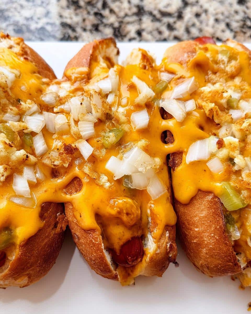Close-up of three baked hot dogs smothered in melted cheese sauce, diced onions, and green peppers for the Cheesy Veggie Dog Bake.