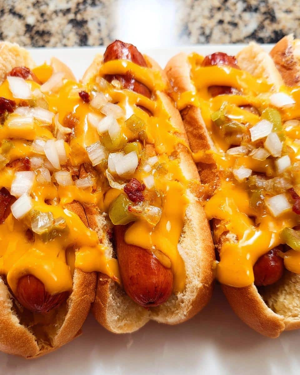 Three hot dogs smothered in melted cheese sauce, diced onions, and relish, ready to eat as a Cheesy Veggie Dog Bake.