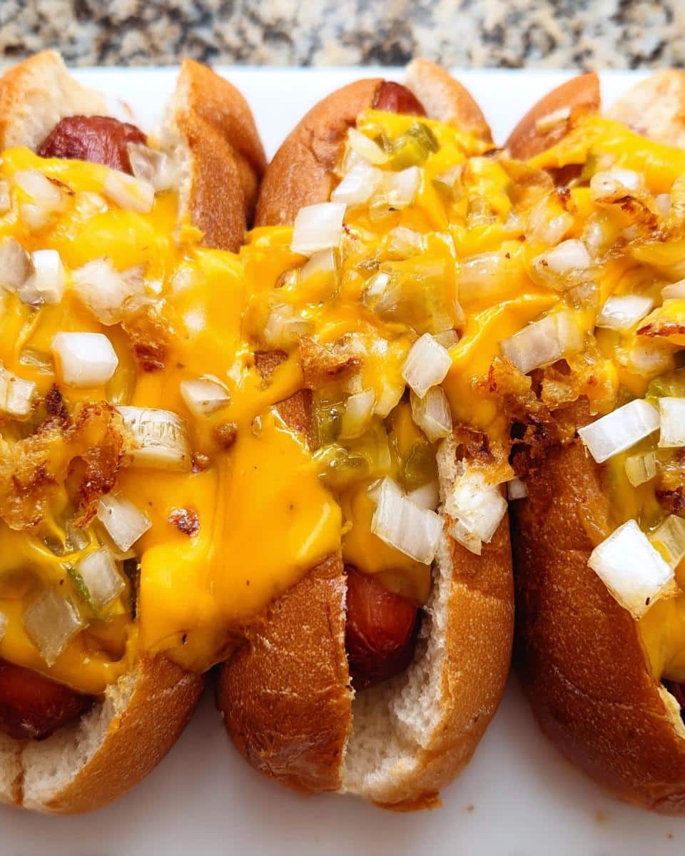Close-up of three hot dogs in buns smothered in melted cheese sauce, diced white onions, and relish, showcasing the Cheesy Veggie Dog Bake.