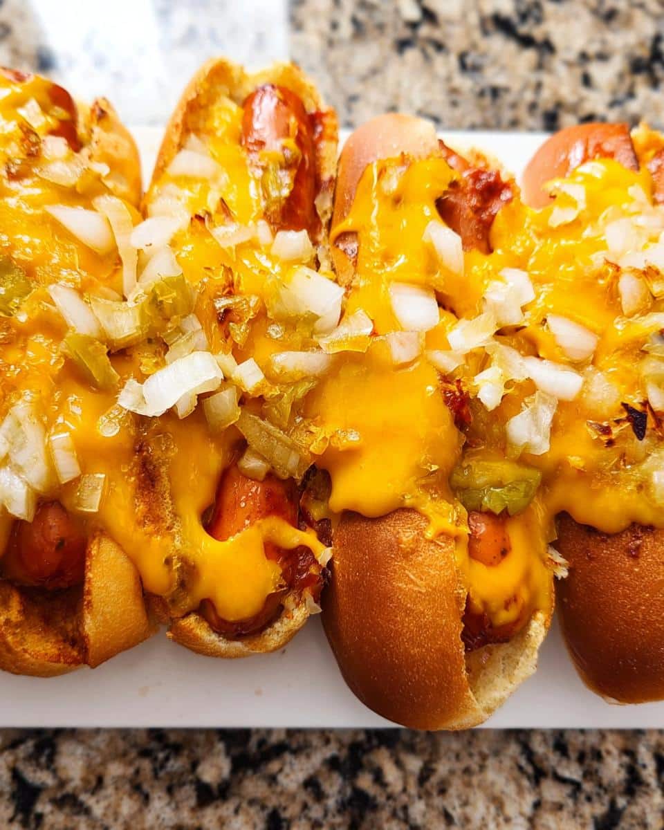 Four fully loaded Cheesy Veggie Dog Bakes topped with melted cheddar, diced onions, and relish.
