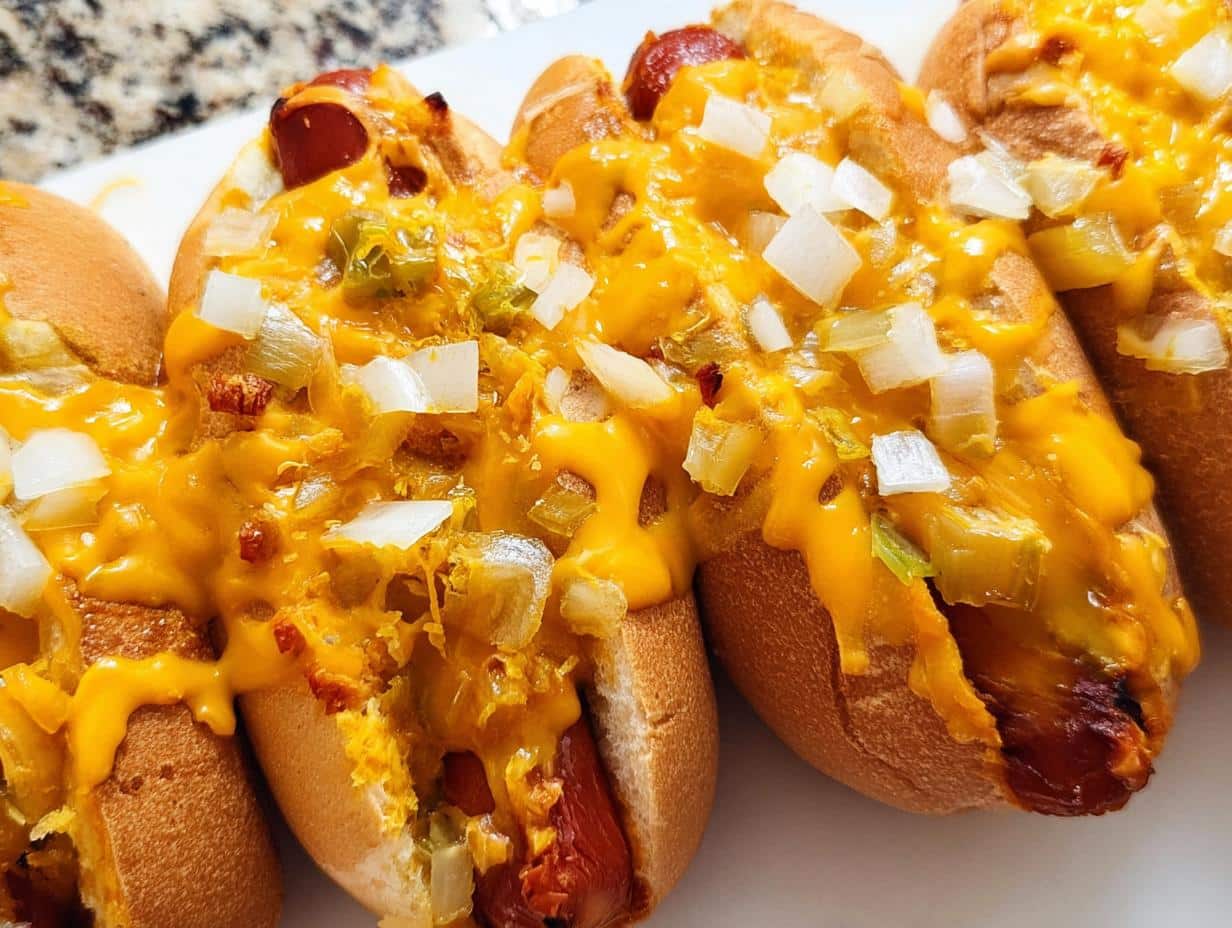 Close-up of several hot dogs in buns smothered in melted cheese sauce, diced onions, and relish for a Cheesy Veggie Dog Bake.