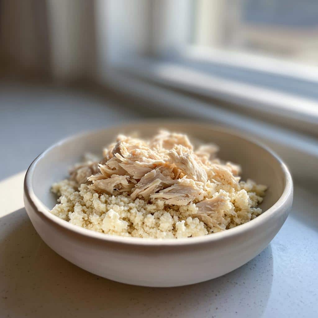 A small white bowl filled with shredded chicken over cauliflower rice, part of a Chicken Cauliflower Rice Pup Meal.
