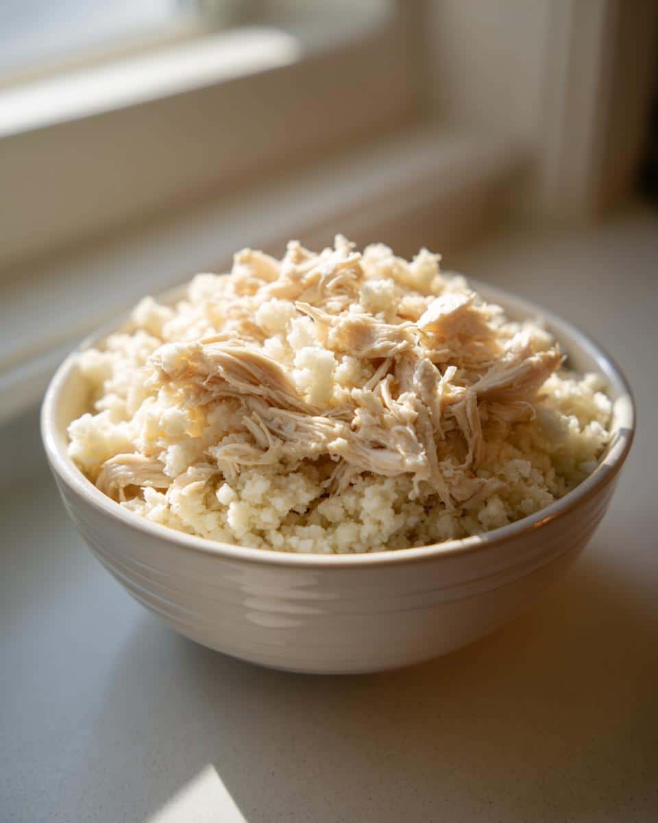 A white bowl filled with cauliflower rice topped with shredded chicken, ready for a Chicken Cauliflower Rice Pup Meal.