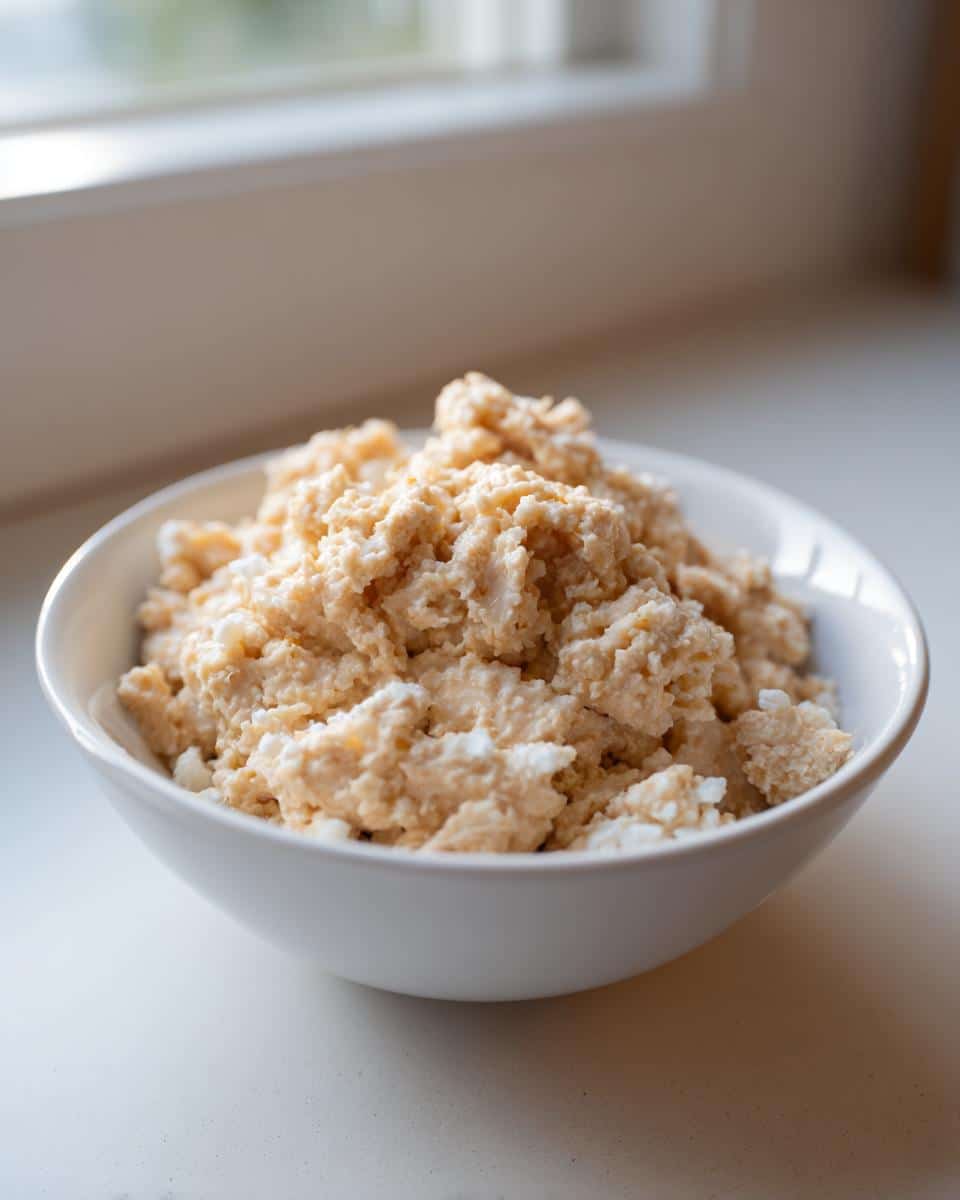 A white bowl filled with the textured Chicken Cauliflower Rice Pup Meal mixture, sitting near a window.