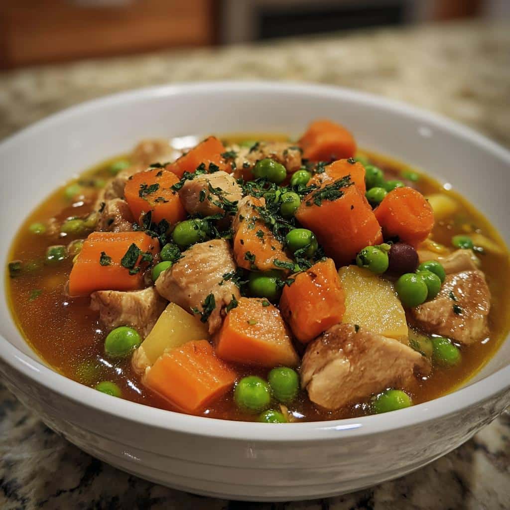 Close-up of a bowl of Chicken Kidney Bean Dog Supper with chunks of chicken, carrots, peas, and potatoes in broth.