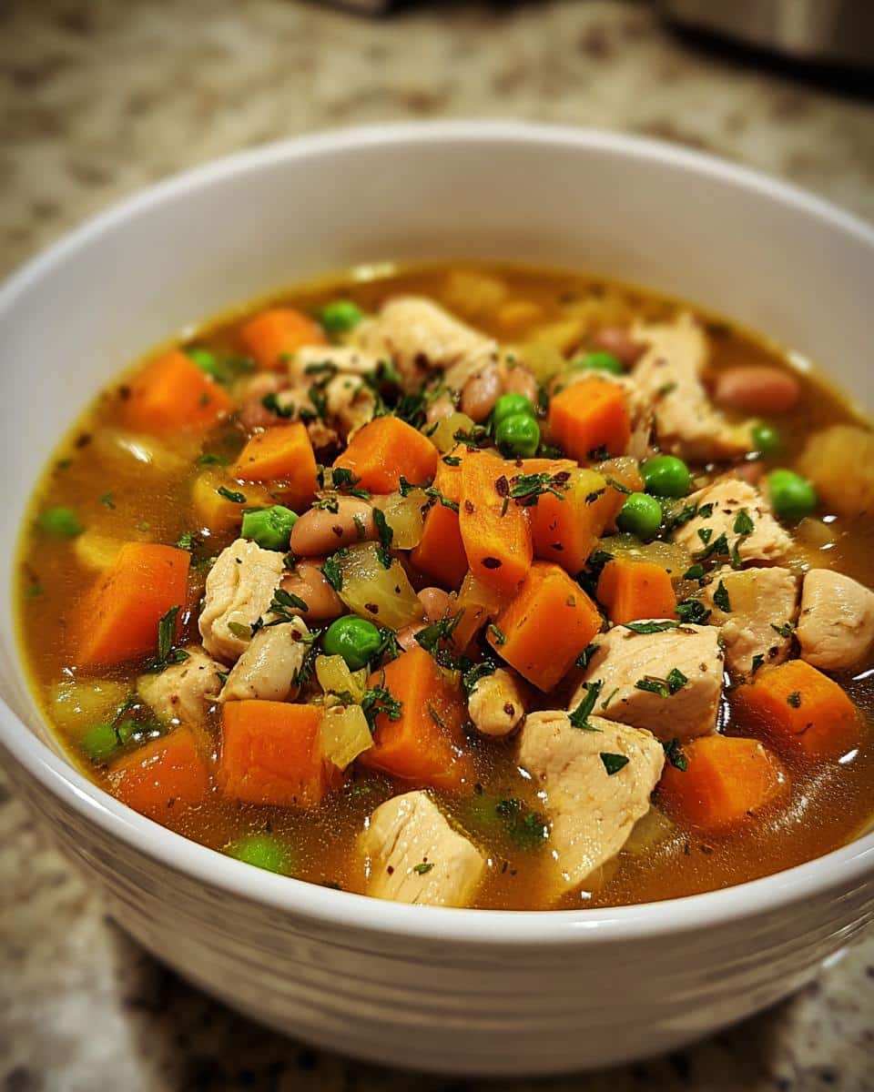 Close-up of a bowl filled with Chicken Kidney Bean Dog Supper, featuring chunks of chicken, carrots, peas, and beans in broth.