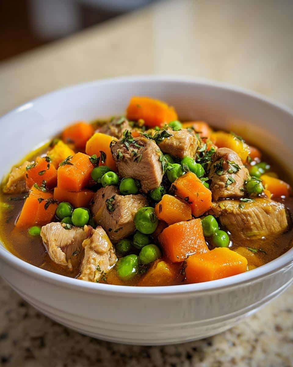 Close-up of a hearty Chicken Kidney Bean Dog Supper stew with chunks of meat, bright orange carrots, and green peas in a white bowl.