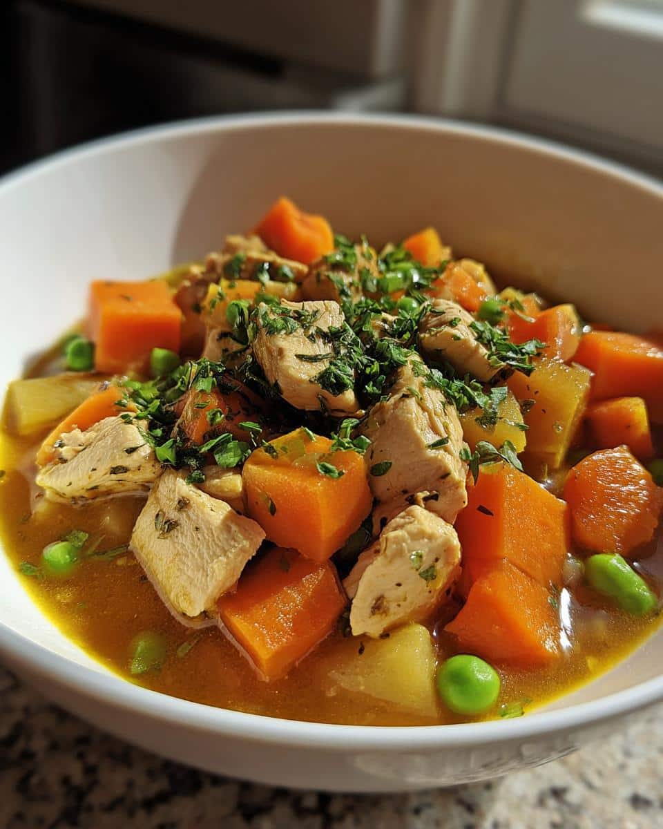 Close-up of a bowl of Chicken Kidney Bean Dog Supper stew with chunks of chicken, carrots, and peas in broth.