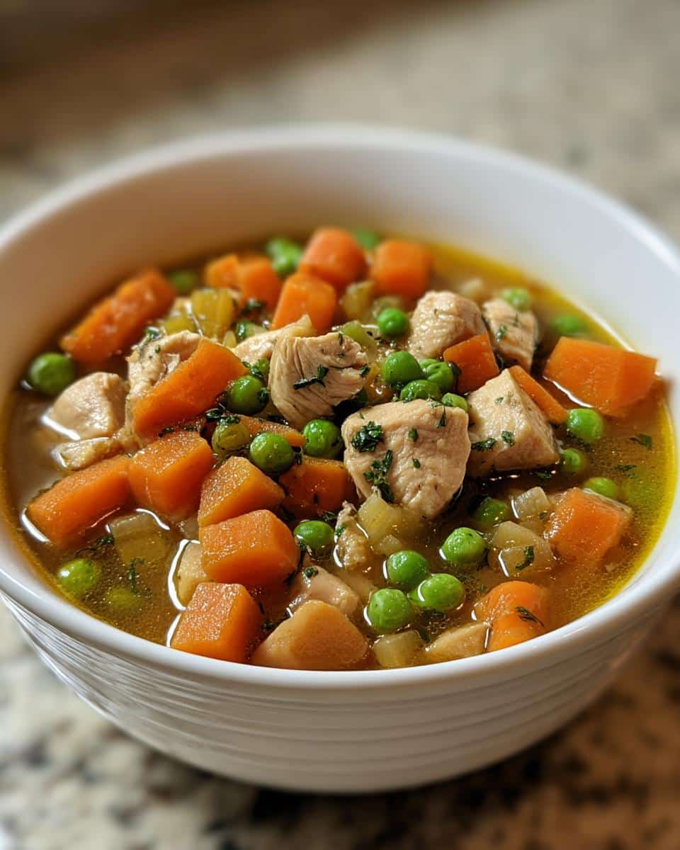 Close-up of a white bowl filled with Chicken Kidney Bean Dog Supper stew, featuring chunks of chicken, carrots, and peas in broth.
