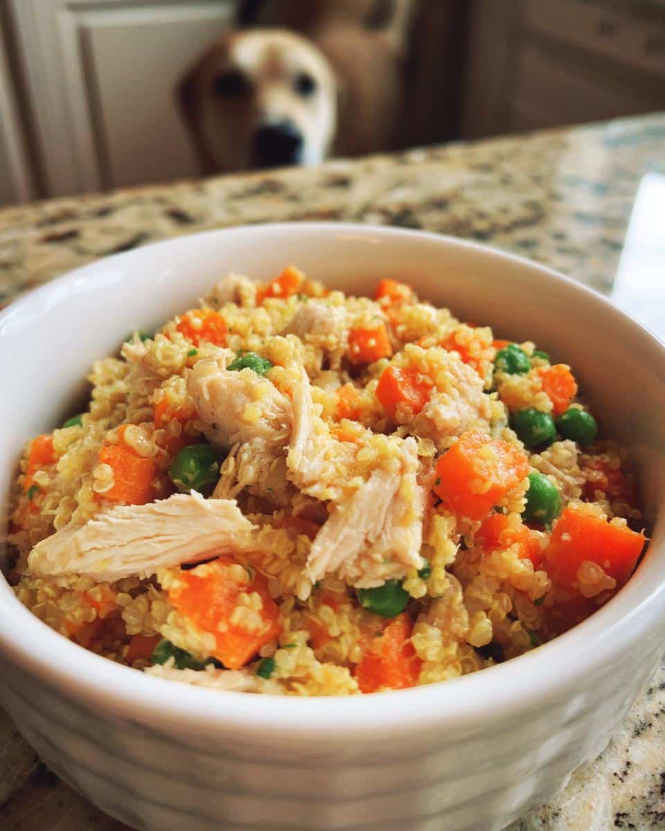 A white bowl filled with Chicken Millet Garden Dog Bowl mix, featuring shredded chicken, carrots, and peas, with a dog looking on.